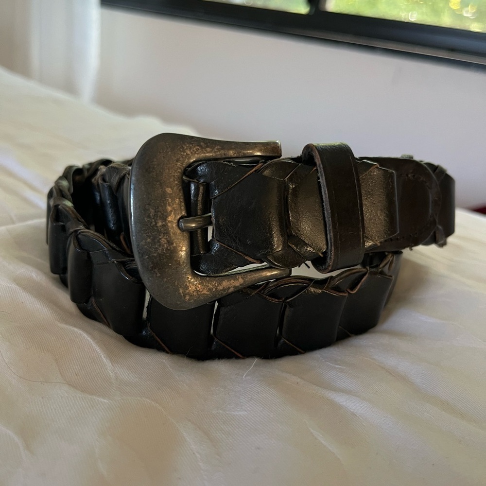 Vintage black leather braided belt rope Small